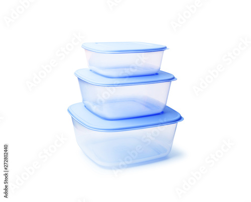 Plastic food storage containers isolated on white background photo