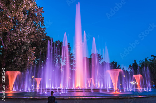 Photography olorful magical fountain on the Margaret in Budapest Island in the evening