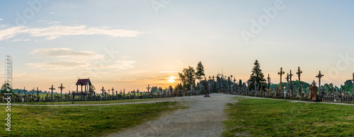 Panoramic view of Hill of Crosses is a site of pilgrimage. Famous tourist attraction near Siauliai, Lithuania