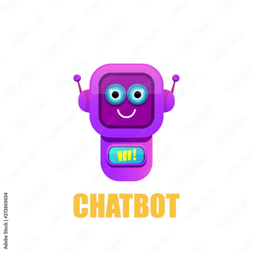 cute chatbot character isolated on white background. Vector Funny robot assistant, chatter bot, helper chatbot logo or label cute chatbot character isolated on white background. Vector Funny robot assistant, chatter bot, helper chatbot logo or label