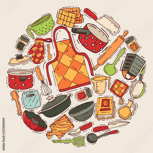 Cooking equipment round pattern vector kitchenware or cookware for food with kitchen utensil cutlery and plate illustration. Dishware and frying-pan househol culinary background. House appliance