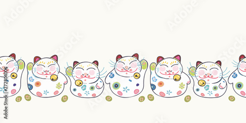 White vector repeat bordern with happy maneki neko cat, floral decoration and green paw prints. Perfect for paper and textile projects or events. Surface pattern design.