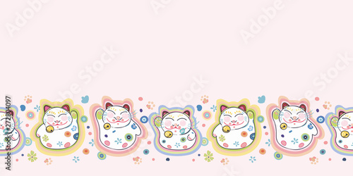 Pink vector repeat bordern with happy maneki neko cat and pastel ornamental florals. Japan inspired pattern. Comic style. Perfect for paper and textile projects or events. Surface pattern design.
