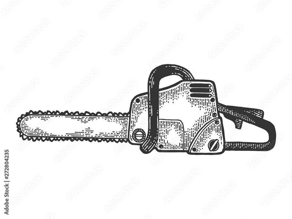 Chainsaw industrial tool sketch engraving vector illustration. Scratch board style imitation. Black and white hand drawn image. Chainsaw industrial tool sketch engraving vector illustration. Scratch board style imitation. Black and white hand drawn image.