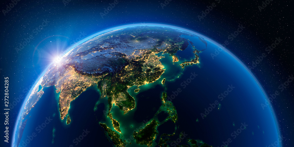 Earth at night and the light of cities. Asian countries.