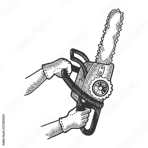 Chainsaw in hands sketch engraving vector illustration. Scratch board style imitation. Black and white hand drawn image.