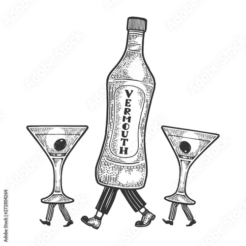 Vermouth bottle with glass cups walks on its feet sketch engraving vector illustration. Scratch board style imitation. Black and white hand drawn image.