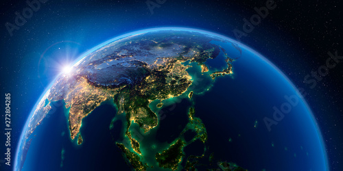 Earth at night and the light of cities. Asian countries.