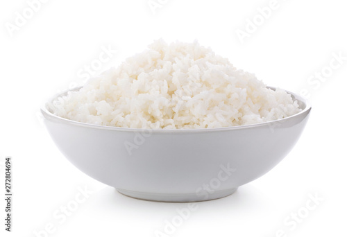 Rice in a bowl on a white background. full depth of field