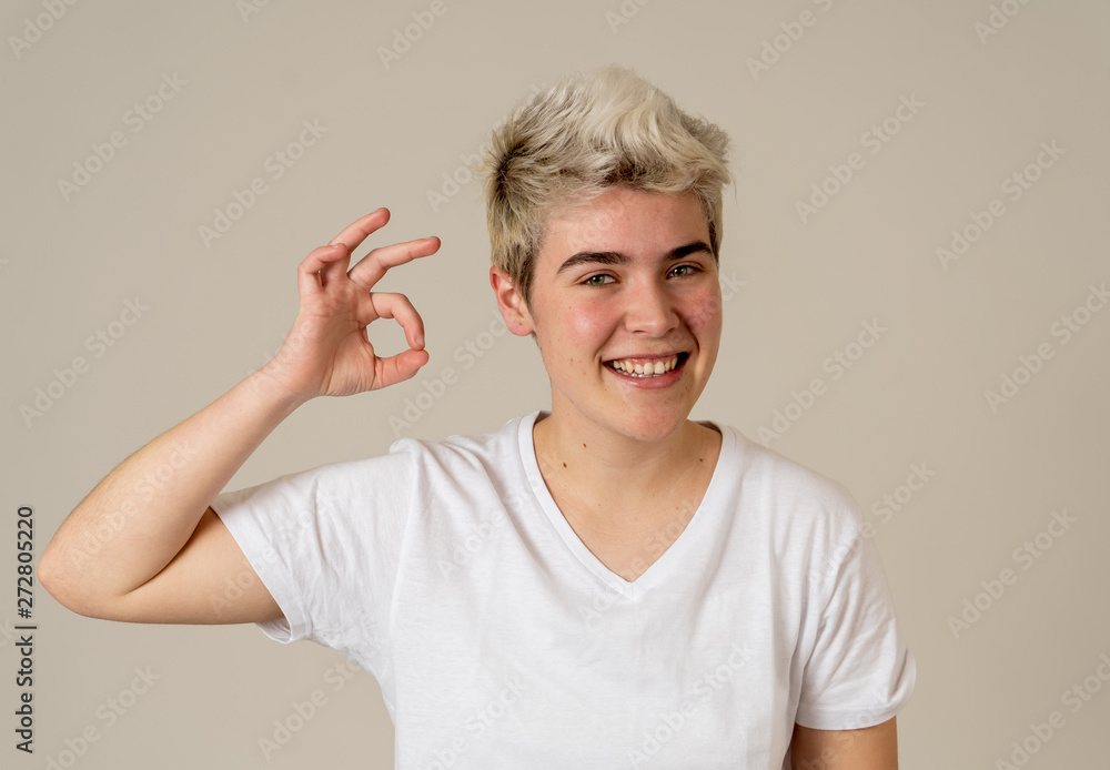 Portrait of good looking teenager man making ok gestures with happy and satisfied face Portrait of good looking teenager man making ok gestures with happy and satisfied face