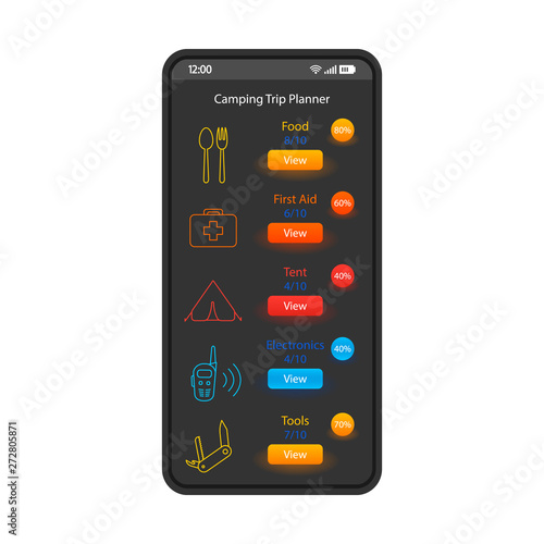 Camping trip planner smartphone interface vector template