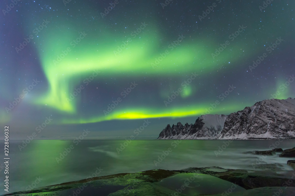Northern lights at a time of winter in Norway in the Lofoten Islands