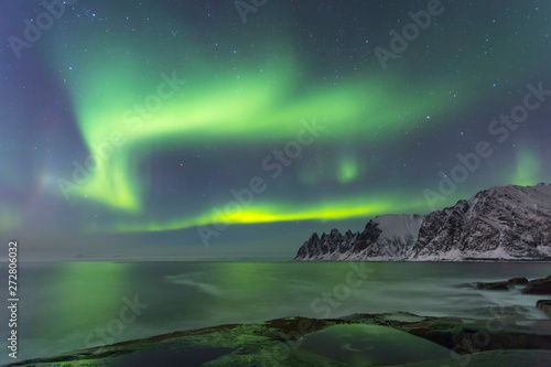 Northern lights at a time of winter in Norway in the Lofoten Islands