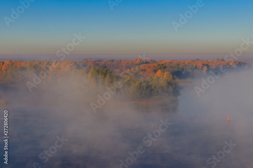 View on the Dnieper river in fog in the morning at autumn