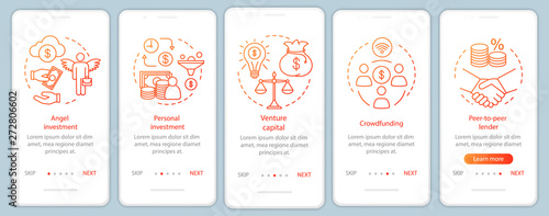 Startup investment onboarding mobile app page screen with linear concepts