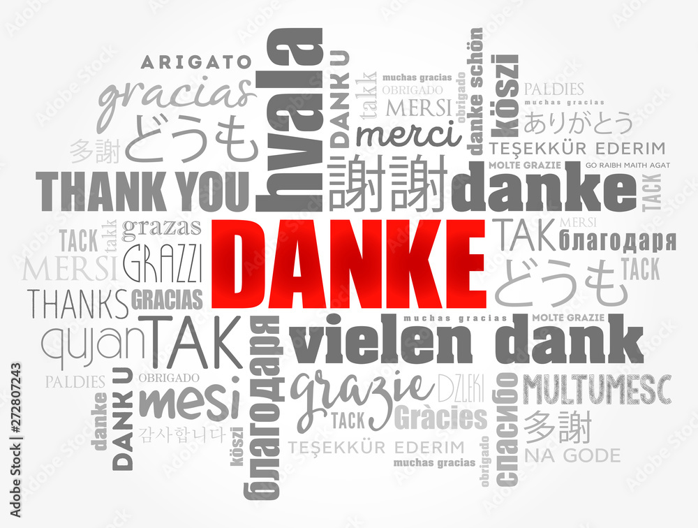 Danke (Thank You in German) word cloud background in different languages