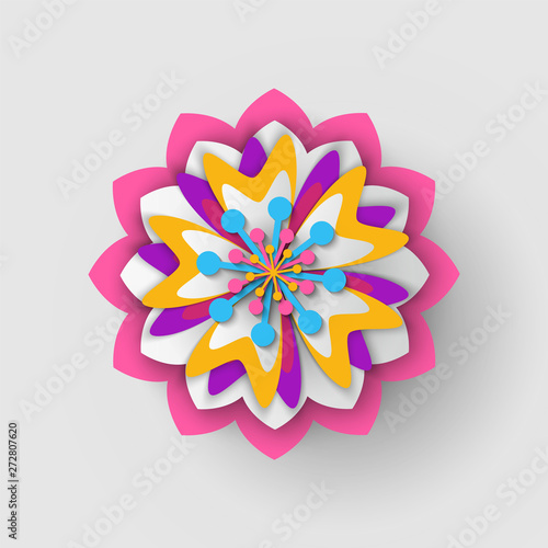 Paper cut origami of flower, colorful blossom ornament with shadow, 3d view of floral symbol, greeting or poster decorated by bouquet, festive vector