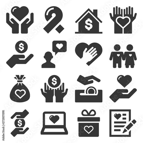 Charity and Donation Icons Set on White Background. Vector