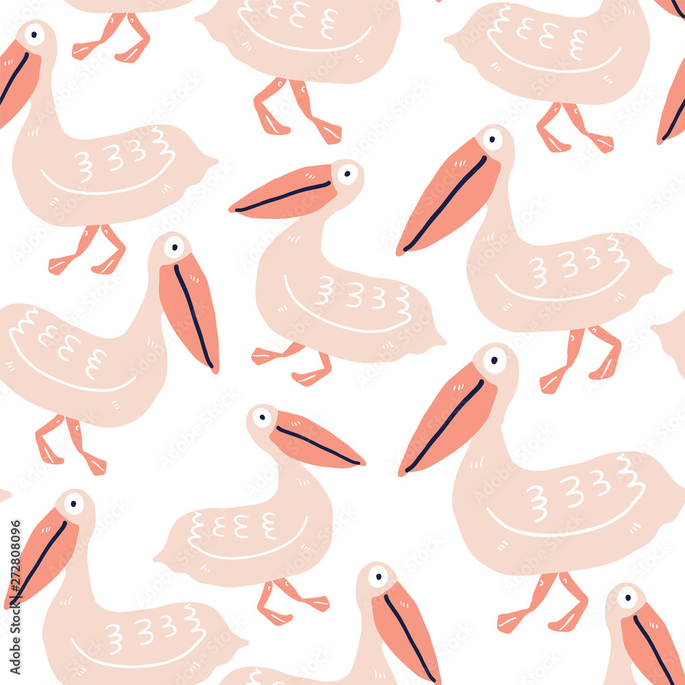 seamless pattern with hand drawn cute pelicans