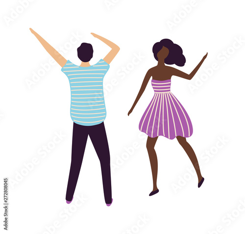Man and woman dancing together vector, people having fun in night club. Partying couple wearing best clothes and costumes, clubbers smiling moving