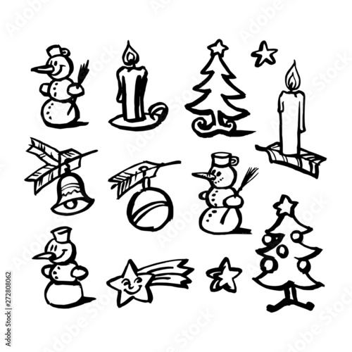 Christmas decorations  trees  stars  candles and snowman  set of black and white icons