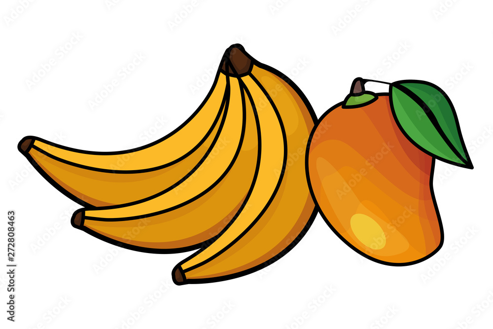Tropical fruits mango and bananas