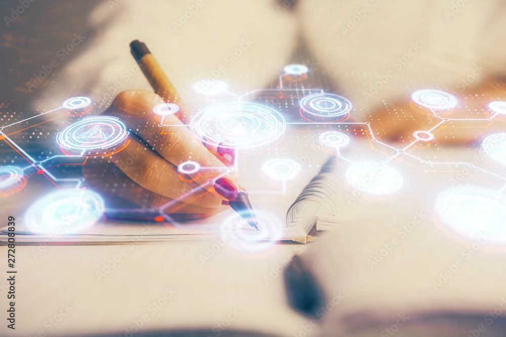 Social network theme hologram over hands taking notes background. Concept of global international people connect. Double exposure Social network theme hologram over hands taking notes background. Concept of global international people connect. Double exposure