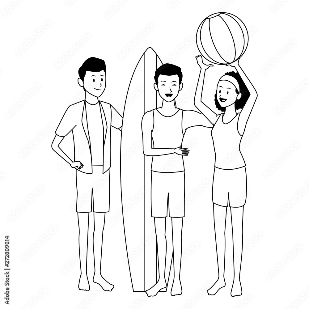 Friends with surf table summer cartoons in black and white Friends with surf table summer cartoons in black and white