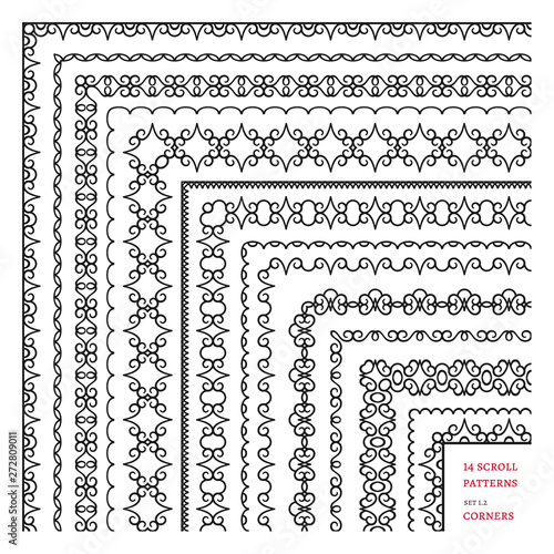 Big set of ornamental corner patterns, lace ribbons collection, swirly border elements, vintage scroll embellishment on white background