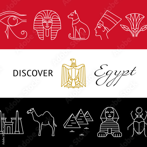 Discover Egypt concept banner with popular symbols and national flag colors