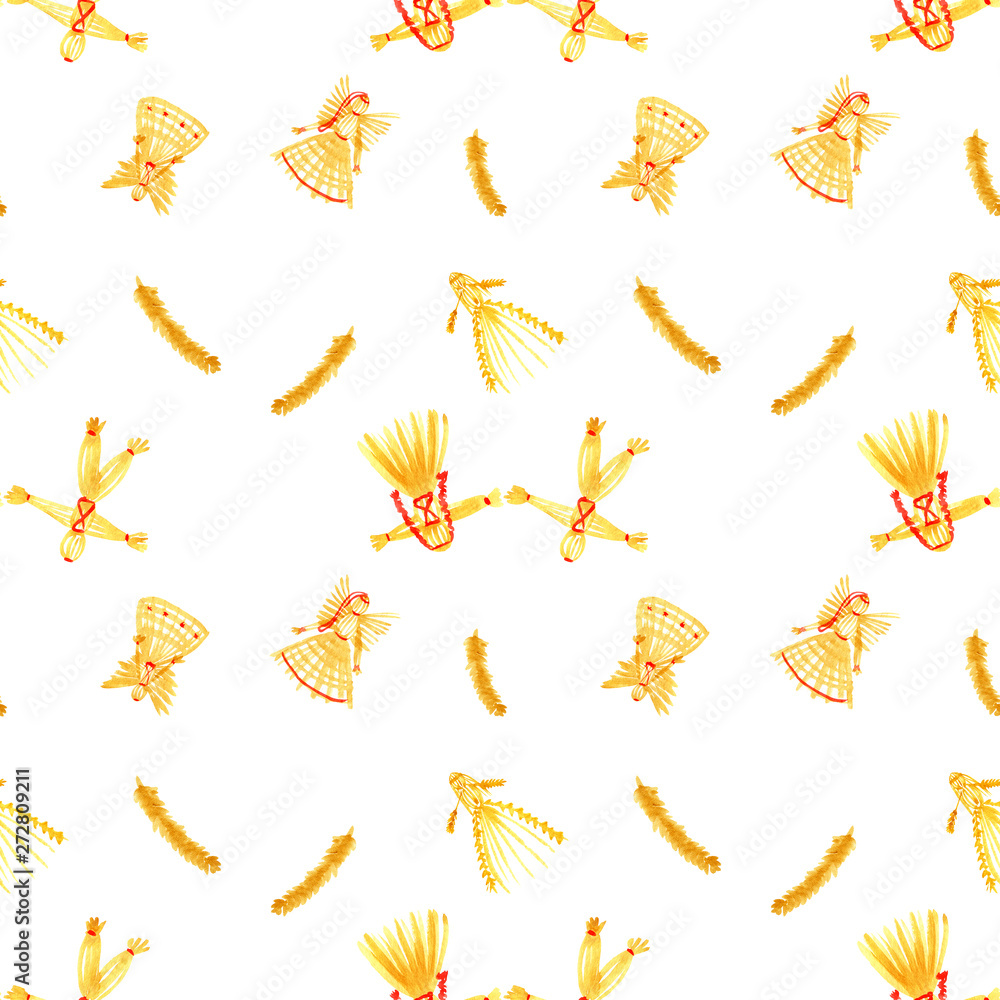 Obraz premium Straw dolls set. Hand drawn watercolor illustration straw toys of hay. Angels, bird,horse, man and woman. Creative background