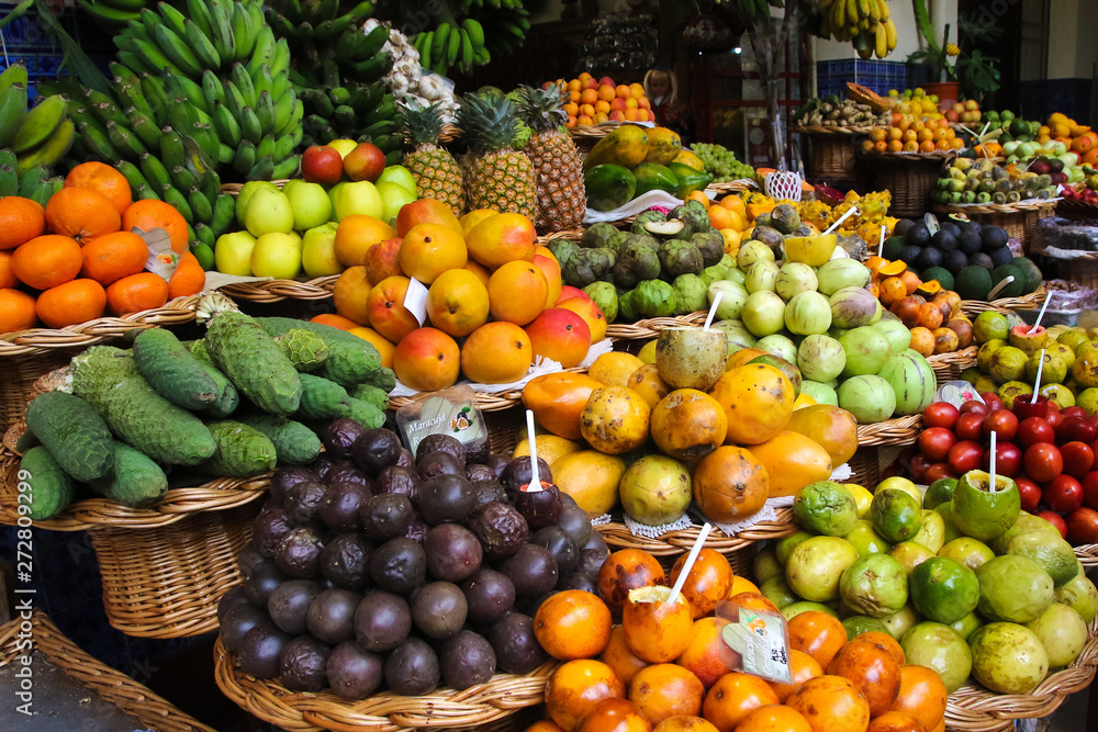 Various tropical fruits in Madeira marketplace