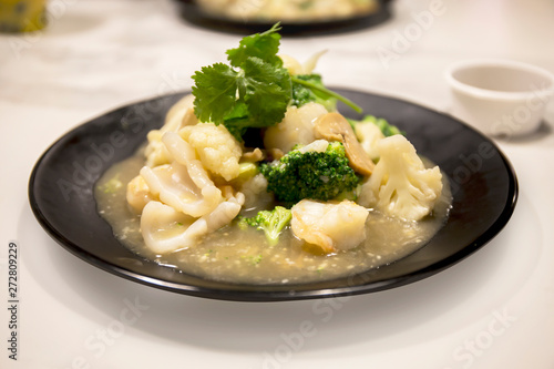 Seafood with Broccoli and Cauliflower in garlic sauce