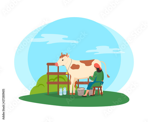 Breeding of animals and tending cows vector, milkmaid working with cattle in stable. Isolated worker with bottles sitting on stool by metal bucket