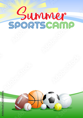 Summer Sports Camp. Template poster with different Sports Balls. Place for your text message. Vector illustration.