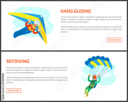 Hang gliding and skydiving posters, man in suit and helmet making jumps with parachute. Parachutists involved in dangerous activity, freedom flying vector. Website or webpage template, landing page