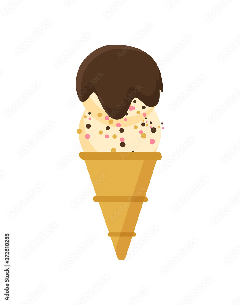 Ice cream dessert vector, freezing creamy food isolated gelato with tasty flavoured crisps and chocolate topping, meal for hot summer day crispy cone Ice cream dessert vector, freezing creamy food isolated gelato with tasty flavoured crisps and chocolate topping, meal for hot summer day crispy cone