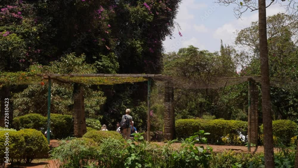 Static shot of people walking through a pergola, in Nairobi city park, in Kenya, Africa Static shot of people walking through a pergola, in Nairobi city park, in Kenya, Africa