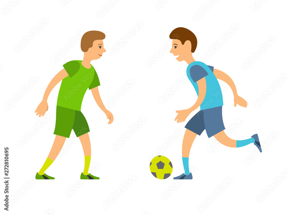 Football players vector, playing people running and chasing ball isolated competitors. Team with inflatable object, characters wearing colored uniforms Football players vector, playing people running and chasing ball isolated competitors. Team with inflatable object, characters wearing colored uniforms