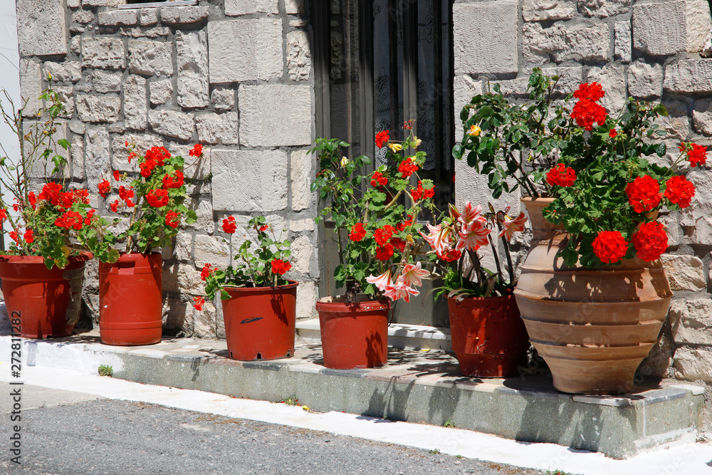 Rote Geranien in Töpfen an Hauseingang, Insel Kreta, Griechenland, Europa
