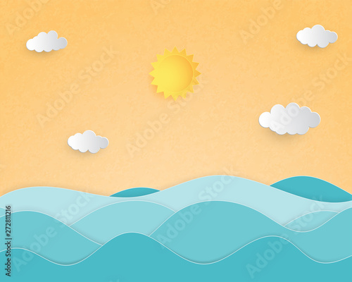 Creative illustration summer background concept paper cut style with landscape of sea wave.