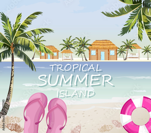 Pink flipflops at sea. Summer seaside banner Vector. Colorful travel posters
