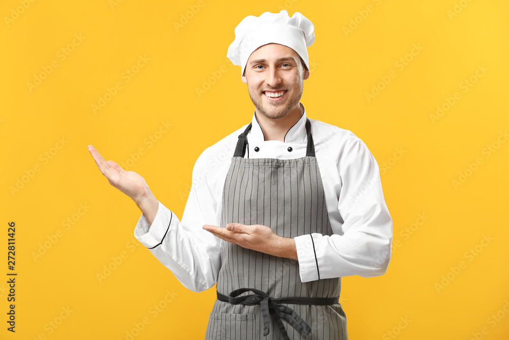 Handsome male chef on color background Handsome male chef on color background