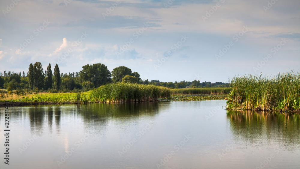 River nature landscape, summer sunny day and cloudy sky background