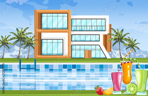 Modern house with swimming pool Vector. Architecture facade summer nature environments