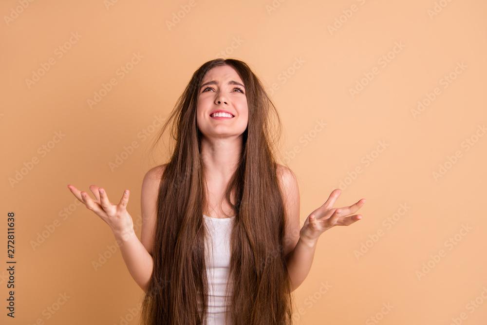 Portrait of her she nice-looking cute attractive devastated displeased miserable lady showing despair grief repair loose lose loss hair disaster isolated on beige pastel background Portrait of her she nice-looking cute attractive devastated displeased miserable lady showing despair grief repair loose lose loss hair disaster isolated on beige pastel background