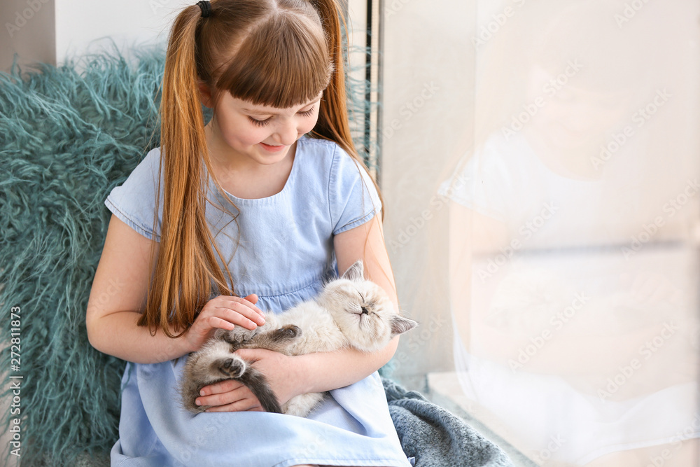 Girl with cute fluffy kitten near window