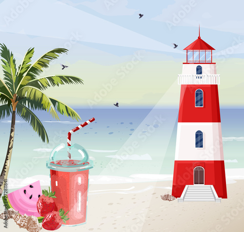 Summer seaside with Lighthouse Vector. Red tower symbol cocktails and palm trees