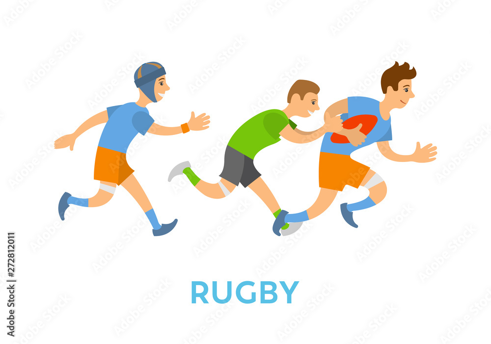 People playing rugby in team vector, aggressive kind of sports isolated players with ball running and chasing competitive. Athletes sportsmen in uniform