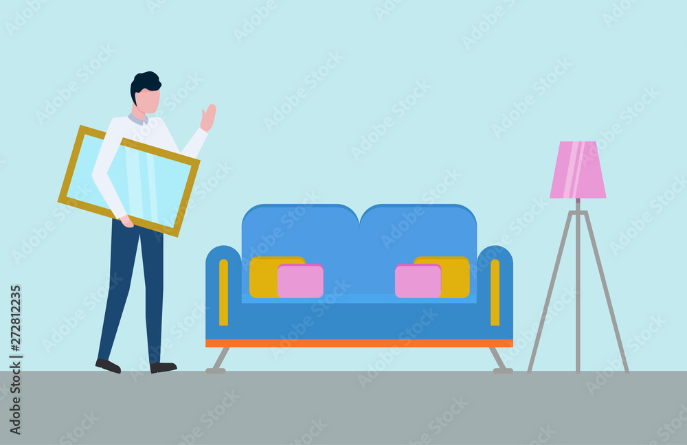 Man with mirror or picture frame in hands in room with sofa and lamp on tripod. Vector couch with pillows and cartoon person, interior design with furniture